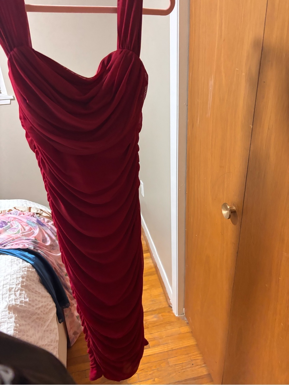 Red Ruched Midi Dress - Picture 2 of 6